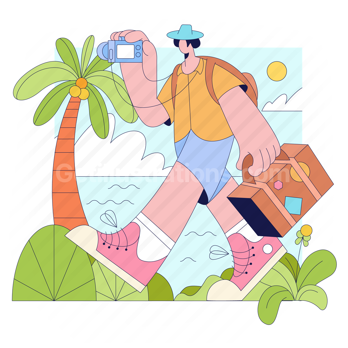 man, tourist, travel, luggage, baggage, beach